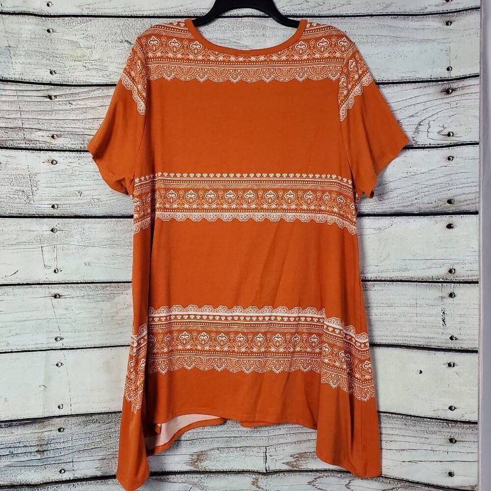 LuLaRoe 3XL Rust Orange Boho Print Tunic Top Simply Comfortable High-Low Hem Plu - Picture 3 of 6
